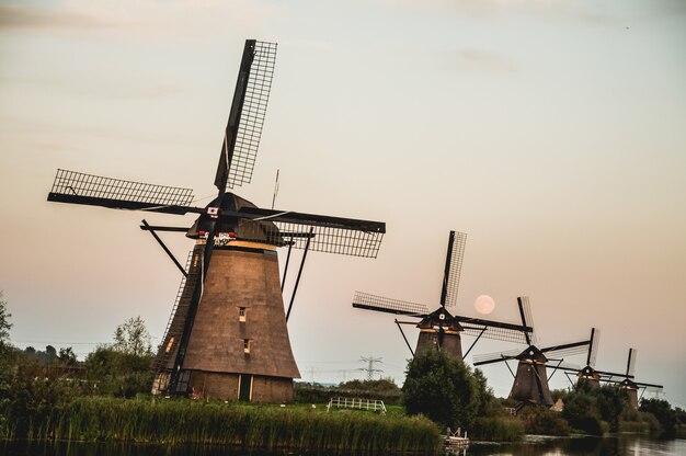 Picture of antique windmills against a beautiful moon in Kinderdijk, Netherlands
