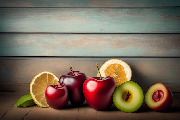 木製の背景にリンゴとオレンジの写真