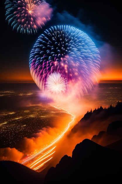 A picture of fireworks with a road in the background