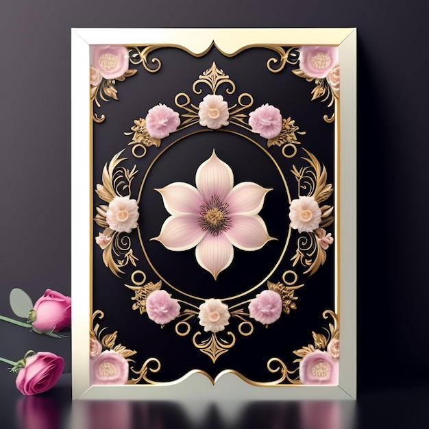 A picture of a flower with gold trim and pink flowers.