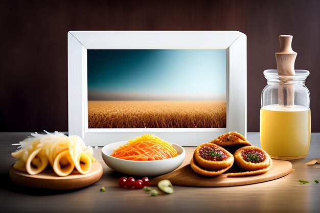 A picture of food and a bottle of olive oil on a table.