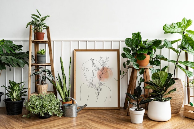 Free photo picture frame by a houseplant corner on a parquet floor