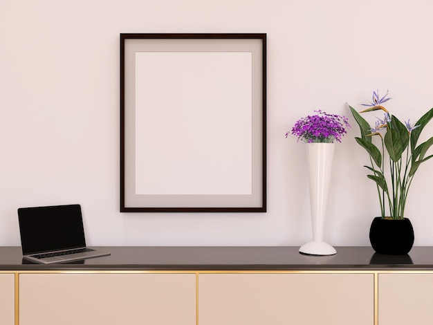 노트북 꽃과 식물 3d 렌더링이 있는 그림 프레임 모형