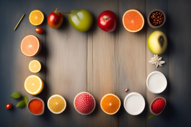 A picture of fruits and vegetables with a frame of fruits and berries