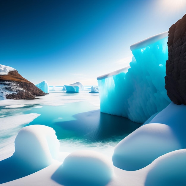 A picture of icebergs with the sun shining on the water.