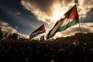 Foto gratuita immagine di una massiccia marcia con le bandiere della palestina