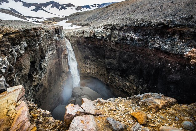 Picture of mineral rocks and a beautiful waterfall in Kamchatka, Russia