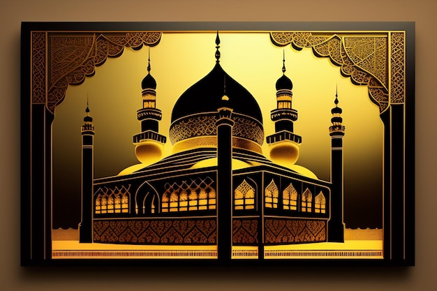 금색 배경과 바닥에 라마단이라는 단어가 있는 모스크 사진