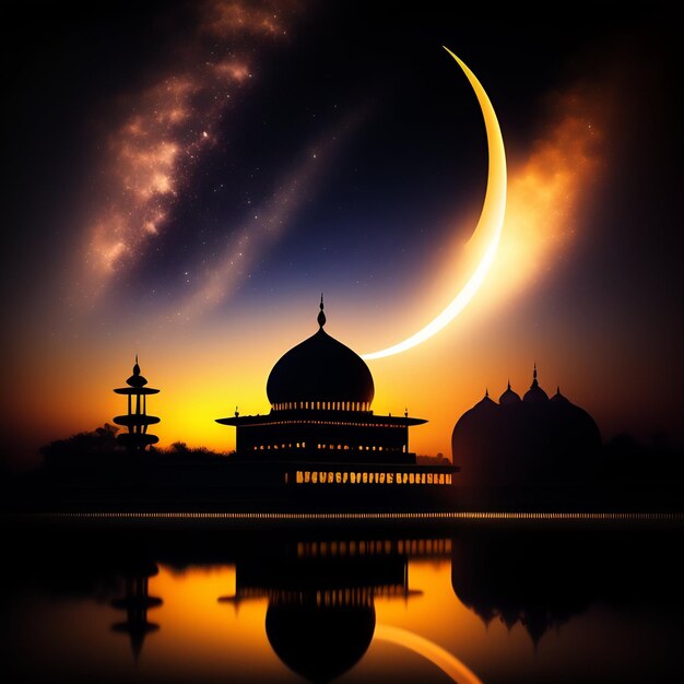 A picture of a mosque with a moon in the background