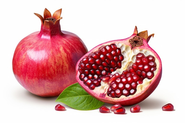 Picture of a pomegranate cut in half on a white background