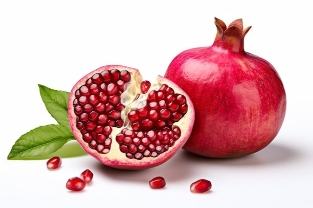 Picture of a pomegranate cut in half with leaf on a white background