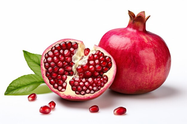 Picture of a pomegranate cut in half with leaf on a white background