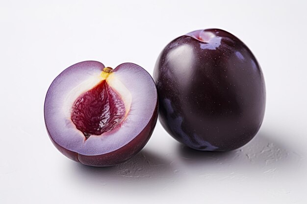 Picture of a purple plum cut in half on a white background