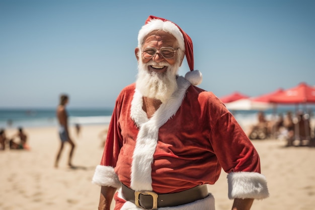 Foto gratuita foto di santa klauss sorridente sulla spiaggia mentre guarda la telecamera