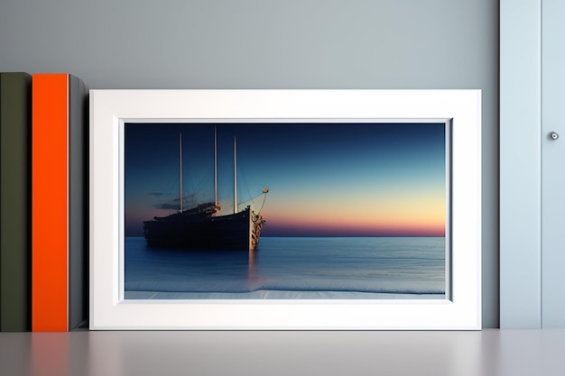 海に沈む夕日を背景にした船の写真。