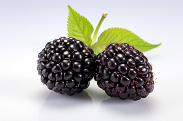 Picture of two fresh ripe raspberries on a white background