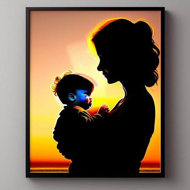 На фото женщина с младенцем на руках, а за ней садится солнце.