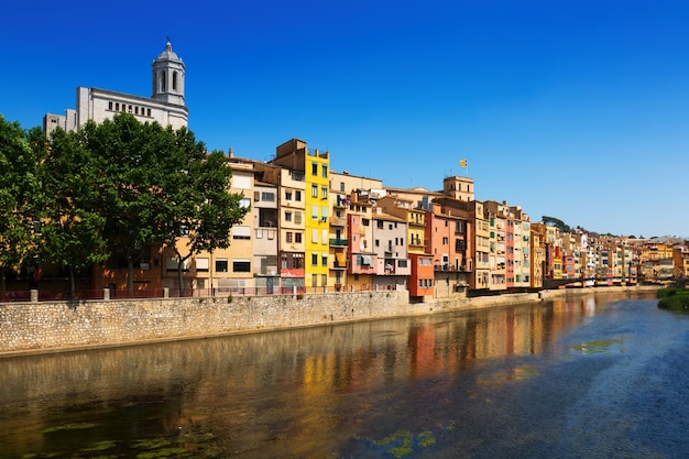 picturesque houses on river bank of Onyar. Girona