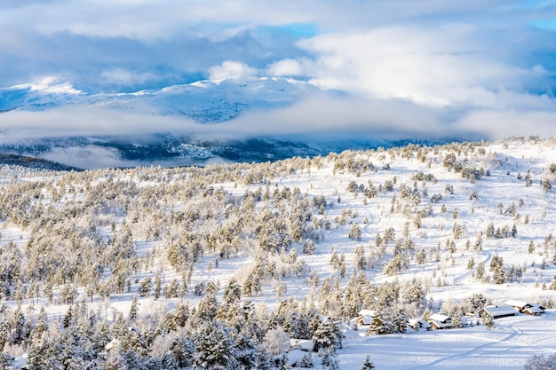 노르웨이 스트린(Stryn)의 집, 나무, 산이 있는 그림 같은 겨울 풍경