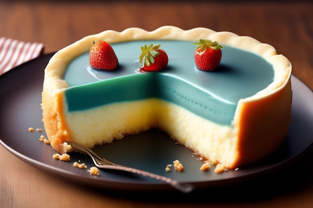 A piece of cheesecake with a blue and green crust and strawberries on top.