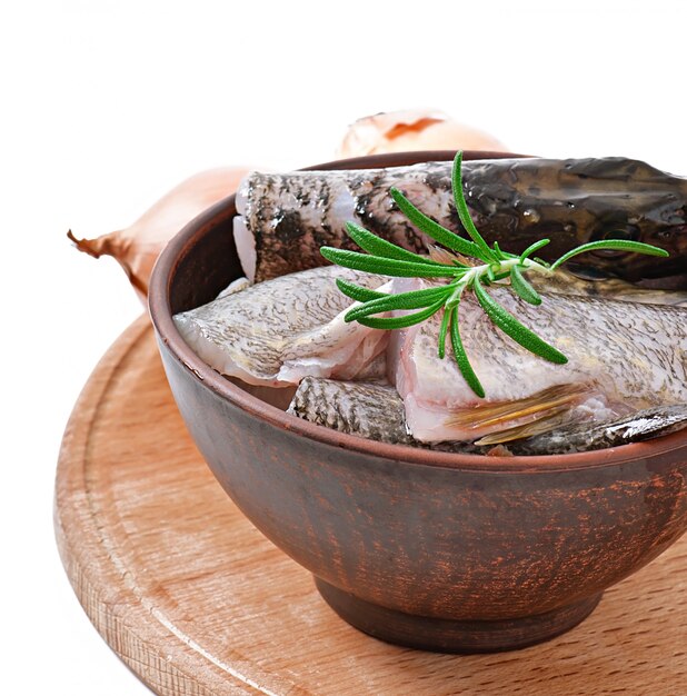 Piece of fresh raw fish in bowl