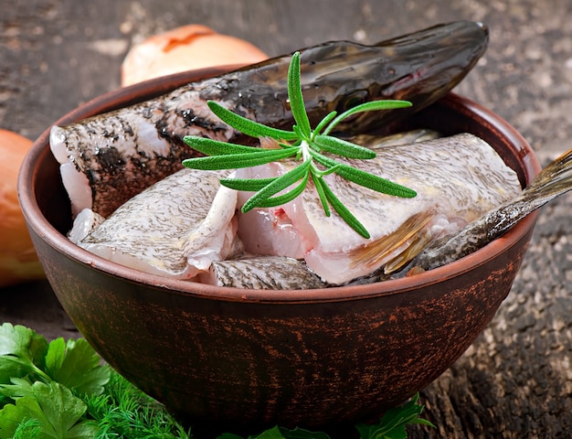 Piece of fresh raw fish in bowl