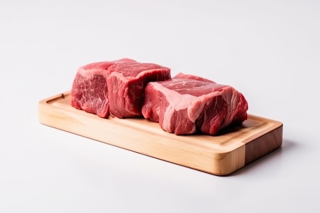 Pieces of raw sirloin meat on a chopping board isolated on white background Ai generative