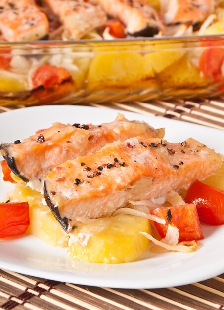 Pieces of salmon with potatoes, tomatoes and onions baked in the oven