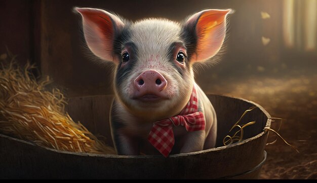 A pig in a bucket with a checkered bow tie sits in a hay bale.