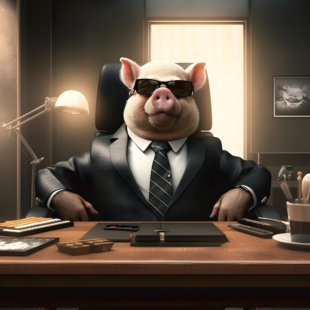 無料写真 上司のようにクリスタルのオフィスで黒のスイートにサングラスをかけて二本足で立つ豚