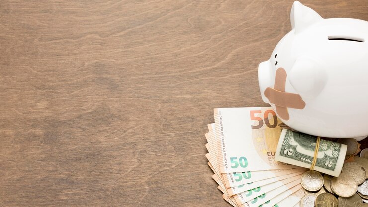 無料Photo 貯金箱と紙幣お金コピースペース