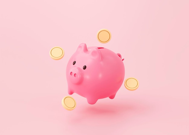 분홍색 배경 3d 렌더링에 돼지 저금통 및 돈 동전 저축 개념