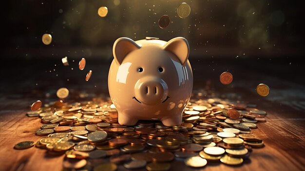 The piggy bank's overflow of coins illustrates savings and financial learning