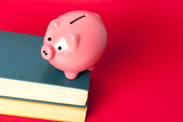 Piggy bank on a stack of book concept of education costs