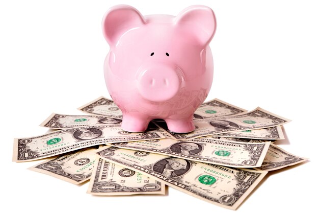 Piggybank above dollar notes