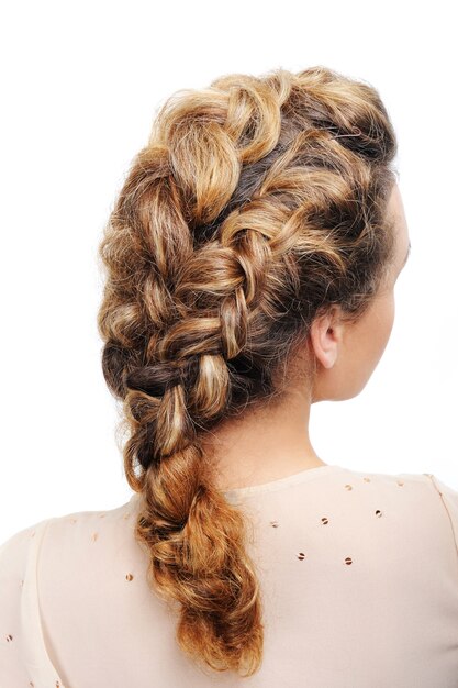 Pigtail - Rear view of modern female hairstyle  isolated on white.