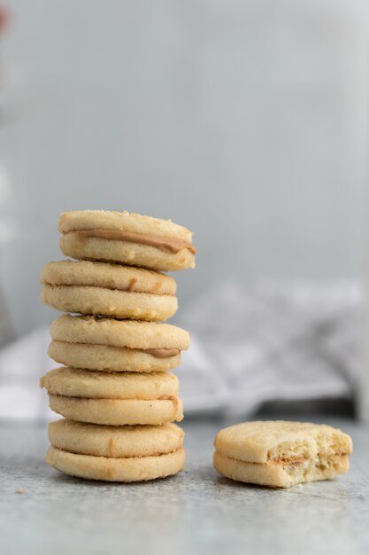 Pile of biscuits with caramel filling