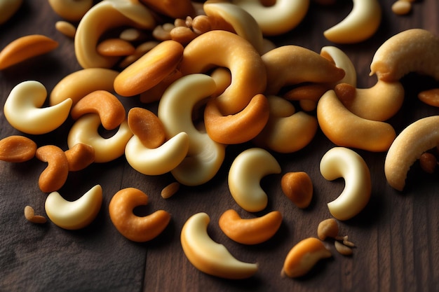 A pile of cashew nuts on a wooden table.