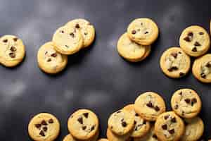 Free photo a pile of chocolate chip cookies on a black table