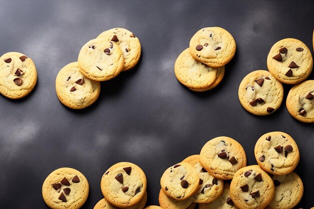 A pile of chocolate chip cookies on a black table