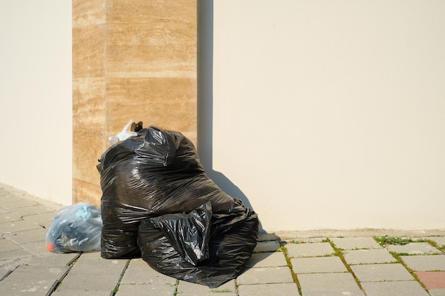 Mucchio di immondizia in sacchi di immondizia di plastica nera sul marciapiede lungo la strada in una grande città spazio per immondizia di testo dall'inquinamento riciclaggio dei rifiuti riciclaggio ed ecologia della città