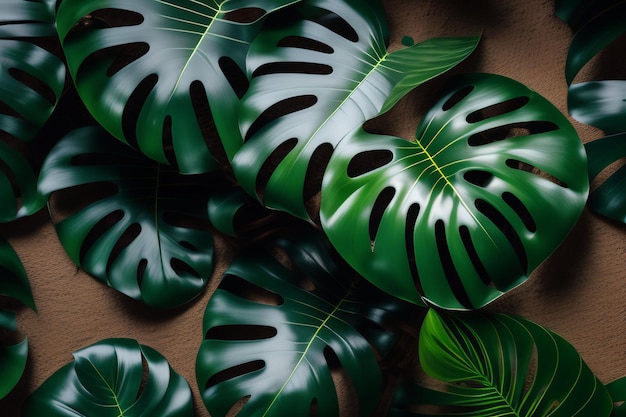 A pile of green monstera leaves on a brown surface.