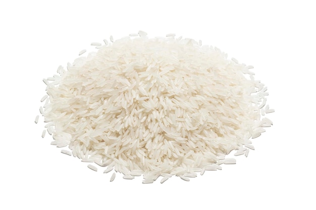 Куча белого риса. макрос натурального риса реалистичные крупным планом фото изображения. крупный план длинных зерен риса можно использовать для фона и текстуры. Premium Фотографии