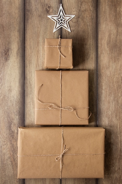 Pile of presents on wooden background