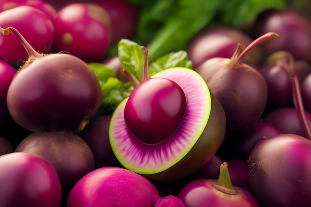 Free photo a pile of purple radish fruit with the word beet on the bottom