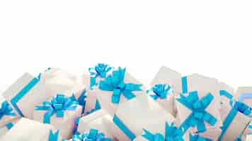 Free photo pile of white gift boxes with blue ribbons on a white background copy space for text