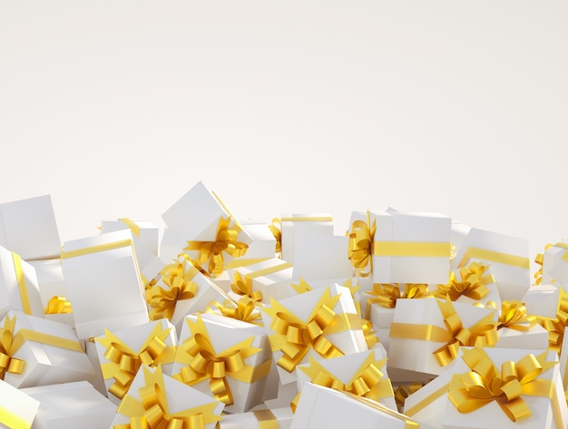 Pile of white gift boxes with golden ribbons on a white background copy space for text