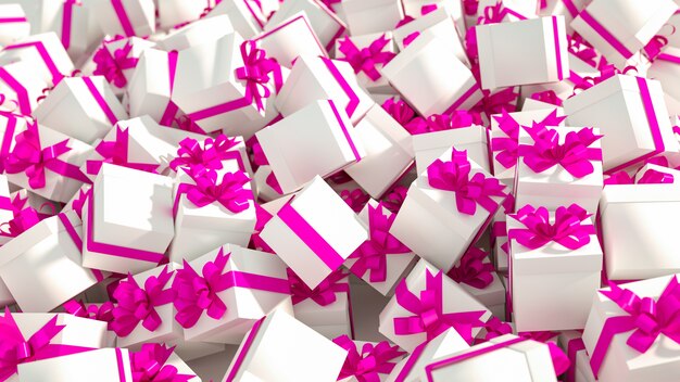 Куча белых подарочных коробок с розовыми лентами