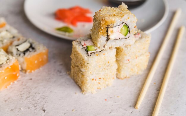 Piled up sushi with seeds 