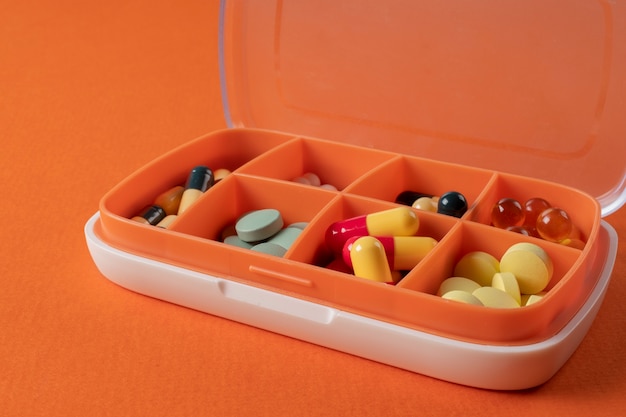 Pills in box arrangement high angle